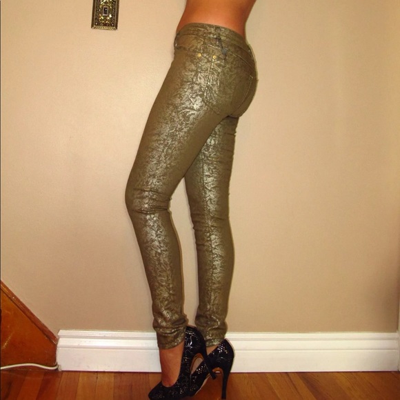 7 For All Mankind Gold Leaf Coated Skinny Jeans Size 25 Stretch - Picture 6 of 7